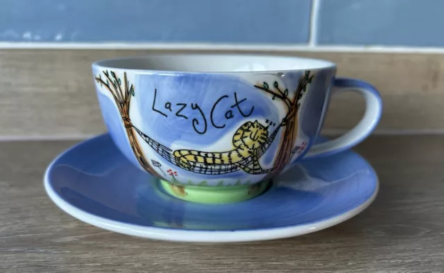 Lazy Cat By Beth Tea Cup & Saucer Whittard Of Chelsea Blue Hand Painted