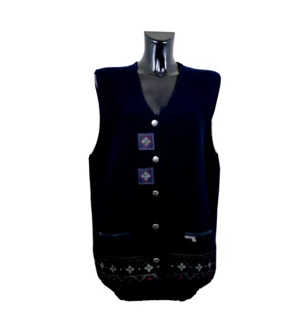 MAT Gilet Donna Tirolese 100% Pura Lana Loden Tirolese Ricamato Intarsi Pelle L 2