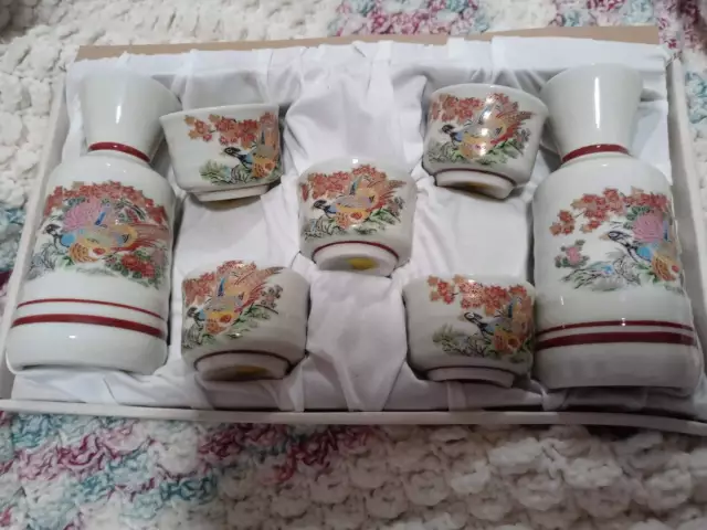 OMC Japan Sake 7 Piece Set w/ Bird Peacock/Pheasant ? Very Nice Old Set b-3