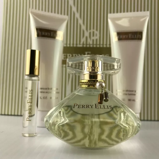 Perry Ellis Women 4pc Set Parfum Spray 3.4 oz Shower Gel Body Lotion Roller New
