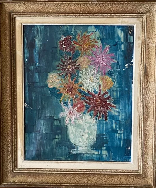 Huile  sur toile   " Dahlias " signée  Burguet .Cadre Montparnasse.