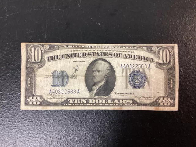 1934 $10 Ten Dollar Silver Certificate  Blue Seal Note - L.ts