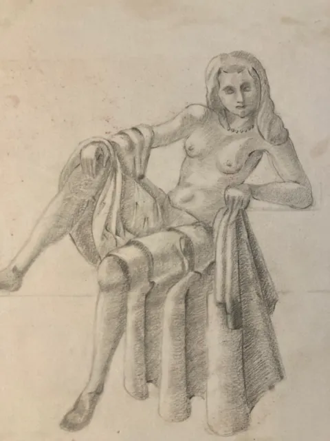 Hermoso Dibujo Antiguo Desnudo Lápiz En El Papel Mujer Acostado Erótico 1950