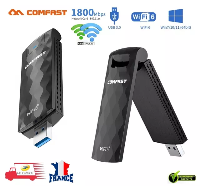 Adaptateur WiFi 6, 2.4GHZ 5.0GHZ WPA3 Cryptage WiFi 6 USB3.0 AX1800M Dongle  WiFi Pour Ordinateur Portable 