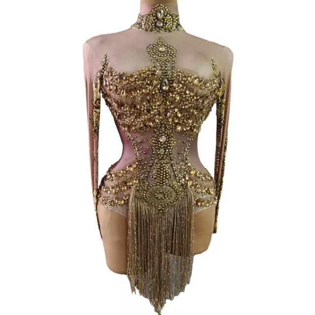 Sparkly GoldCrystals Fringes Leotard Women Rhinestones Performance Dance Costume