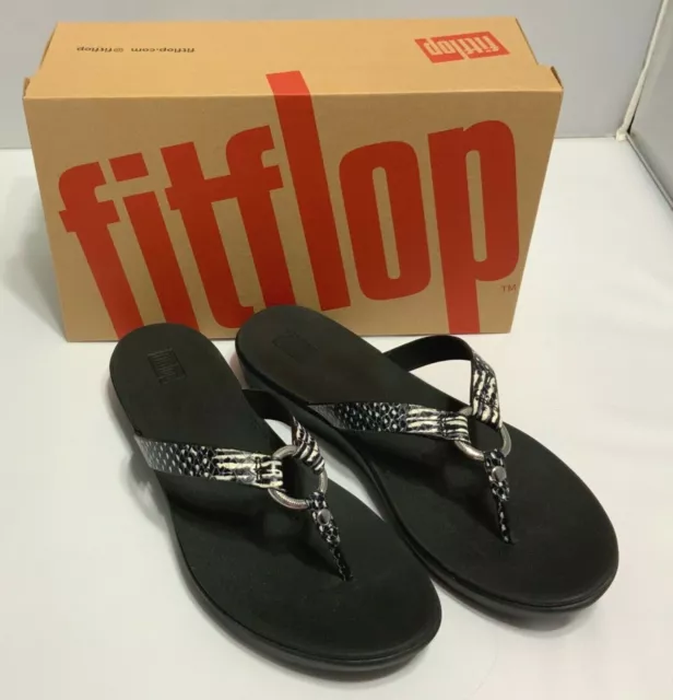FitFlop Hoopla Leather Toe Post Black/Snake Sandals Thong Women Shoes 7 8 9 NIB