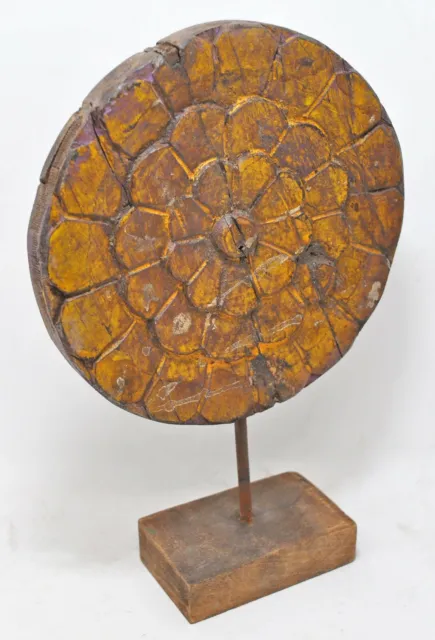 Hand Carved Wooden Round Floral Carving Panel Plaque Rustic Yellow Painted