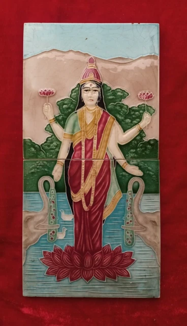 2 Pc 1 Set God Laxmi Ji Design Embossed Majolica Ceramic Old Tiles Japan 0401