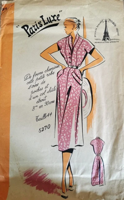 Patron De Couture Vintage Paris Luxe - Robe Taille 44 - Ancien, Jamais Utilisé