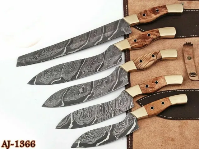 5”HAND FORGED DAMASCUS STEEL CHEF KNIFE KITCHEN SET W/Olive Wood & Brass HANDLE