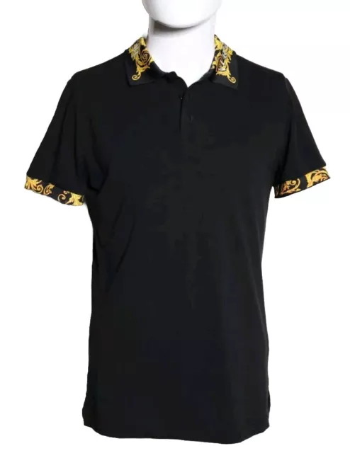 Versace Jeans Couture Mens Baroque-Pattern Polo Shirt Black/Gold Short Sleeve XS