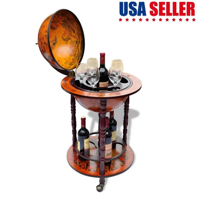 Wood Globe Wine Bar Stand 18.5" Map Pattern Minibar Rack Liquor Bottle Shelf