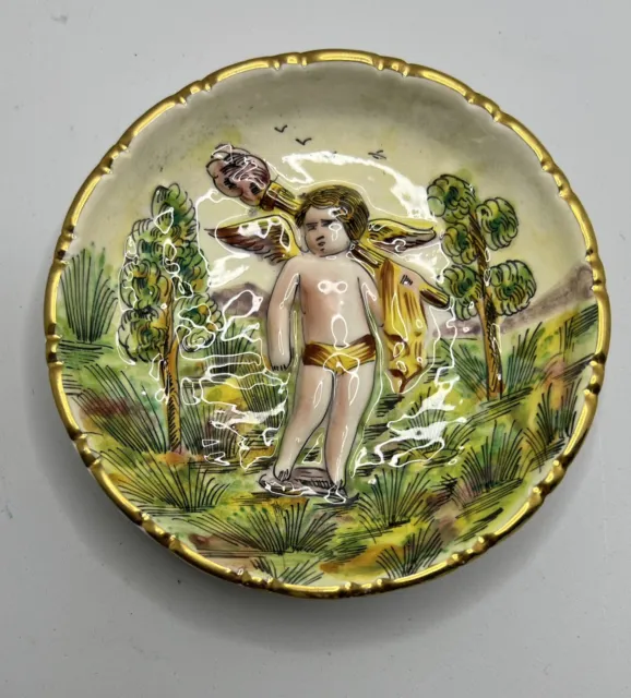 Vintage Capodimonte Decorative Dish Plate Signed Cherubs Gold Edge Italy