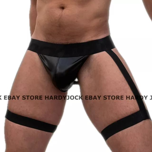 Jockmail Mens Sexy Faux Leather Jockstrap Underwear Jock Strap w Leg Suspenders