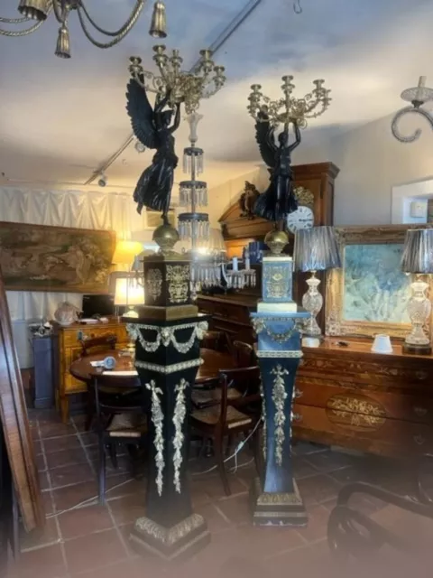 French Empire Style 9ft Pair of Large Bronze Figures & Candelabras on Pedestals