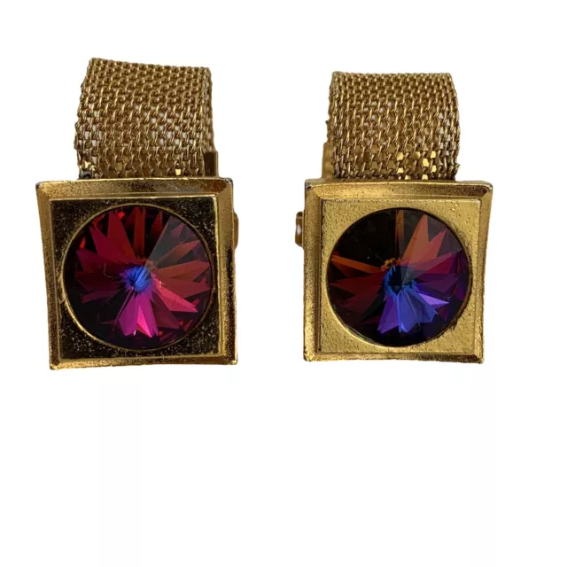 VTG 70s Rivoli Crystal Cufflinks Watermelon Prism Wrap Around Gold Watch Band