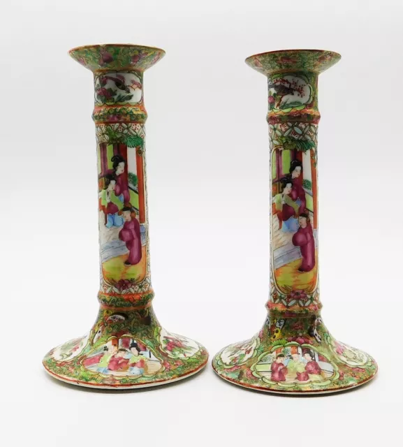 Pair of Chinese Canton Export Porcelain Famille Rose Candlesticks, 19th Century