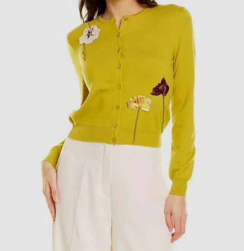 $1890 Oscar De La Renta Women's Yellow Floral Applique Cardigan Sweater Size XS