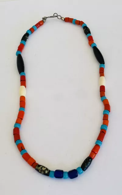 Vintage Navajo Sterling Silver Heishi Turquoise Coral Lapis Bead Necklace 19”