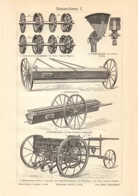 Sämaschinen I. - II. historischer Druck Holzstich ca. 1907 antike Bildtafel