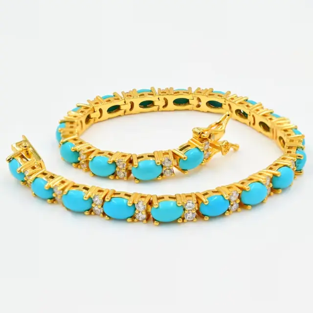 9.00 Ct Oval Blue Turquoise & Diamond Tennis 7" Bracelet in 14K Yellow Gold Over