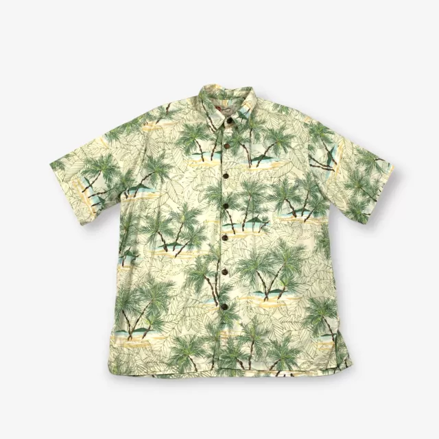 Vintage Hilo Hatties Hawaiian Shirt Beige/Green Large