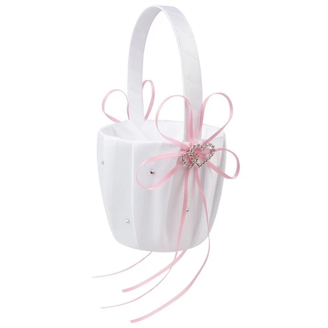 Double Coeur de Mariage Fleur Fille Panier Blanc Satin Strass Décor Rose FaveuB1