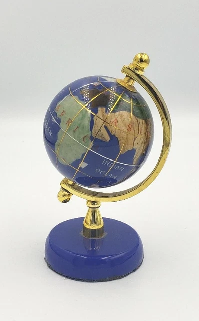 Globo mundial de escritorio azul lapislázuli/otras piedras semipreciosas giratorio sobre soporte
