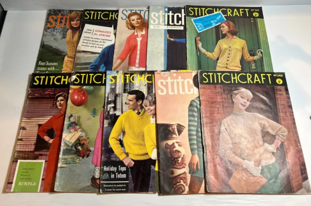 Vintage Stitchcraft Magazines x10 Lot 4 Craft Seeing Knitting Embroidery Knitted