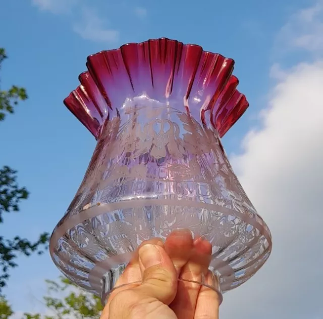 Lovely Victorian Cranberry Etched Glass Oil Lamp Shade