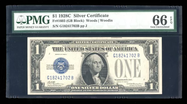DBR 1928-C Scarce $1 Silver Funnyback Gem Fr. 1603 PMG 66 EPQ Serial G18241702B