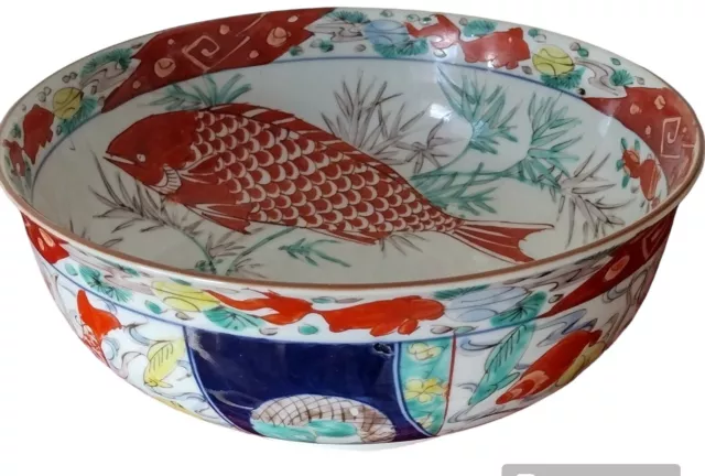 Japanese Imari Porcelain Bowl Antique Meiji Taisho Period Karp Fish Design
