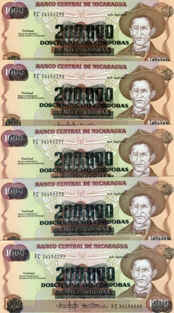 LOT Nicaragua, 5 x 200,000 on 1000 Cordobas, ND (1990), P-162,  UNC