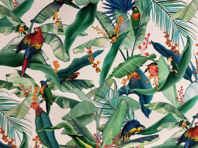 Tropical Parrots  Ivory Green Cotton  140cm wide Curtain/Upholstery Fabric