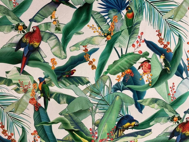 Tropical Parrots  Ivory Green Cotton  140cm wide Curtain/Upholstery Fabric