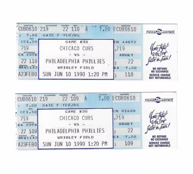 Chicago Cubs vs Philadelphia Phillies Unused Baseball Tickets from 6/10/1990