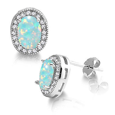 Oval Lab-Created Turquoise Fire Opal Halo CZ Sterling Silver Stud Earrings
