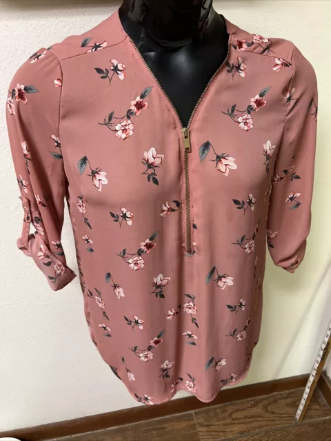 Wishful Park Dusty Rose Floral Crepe Blouse 1/2 Zipper 3/4 Roll Tab Slv Sz M