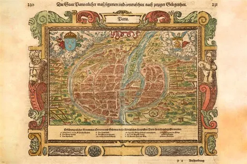 WOODCUT MAP OF PARIS 1628 poster GERMAN educational colorful 20x30