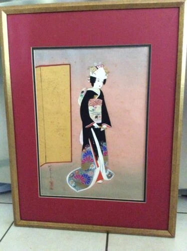 Vintage Japanese Painting On Silk Of Bride Wall Artwork Framed