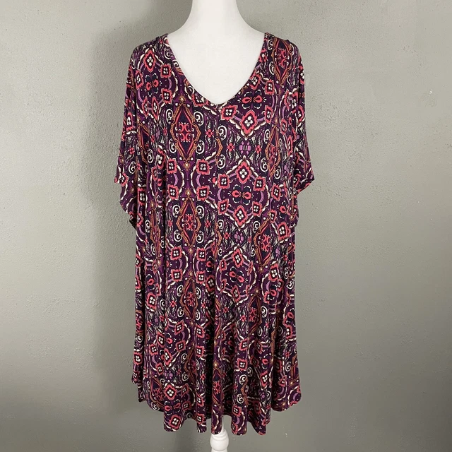 Coco E Juan, Lagenlook, Top Taglie Forti, Tunica Asimmetrica Da Donna, Antico, Vintage, Rosa, Prugna, Stampa In Maglia Di Poliestere Taglia 1 (vestibilit&agrave; 1X, 2X) B:50" - Italia