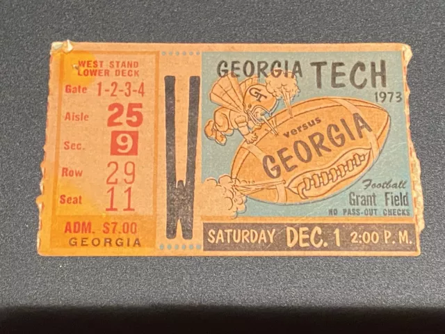 1973 University Of Georgia UGA Bulldogs UGA vs Georgia Tech Yellow Jackets Stub