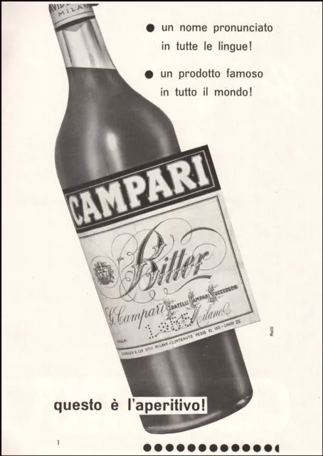 Pubblicita' 1957 Campari Bitter Aperitivo Bottiglia Etichetta Drink Bar  Rolli