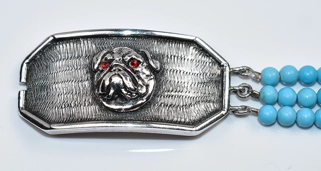 WOW FABULOUS Vtg SOLID Sterling *PUG* Bracelet *TURQUOISE & PASTE EYES*