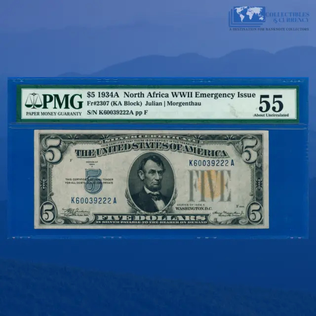 Fr.2307 1934A $5 Silver Certificate Yellow Seal "North Africa", PMG 55 #39222