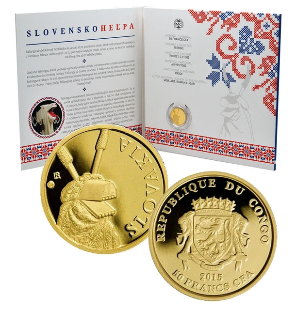 CONGO Gold 1/10oz Proof 50 Francs CFA 2015 'Ritual Masks of the Slovakia -Turon'