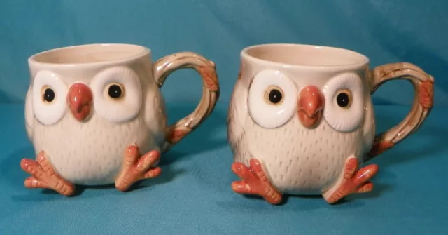 Vintage Owl Fitz and Floyd Spotted Ceramic Coffee Cups Mug Hand Painted Japan 3D