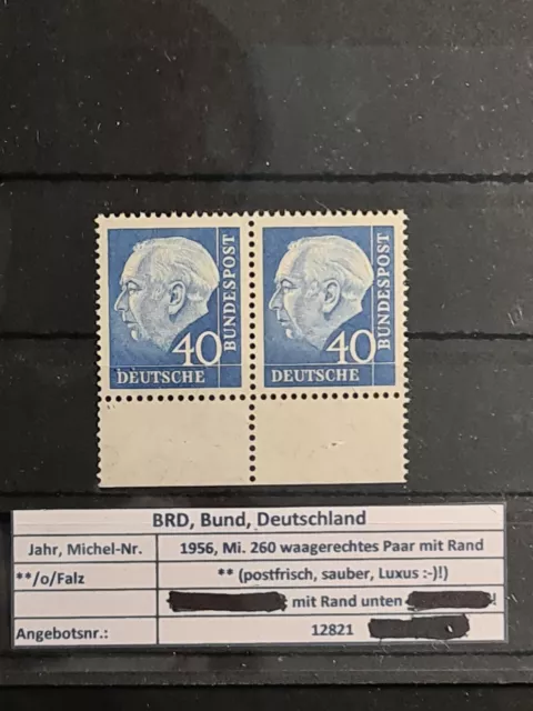 #12821/ BRD Bund 1956 MiNr. 260 waagerechtes Paar mit Rand unten, postfrisch