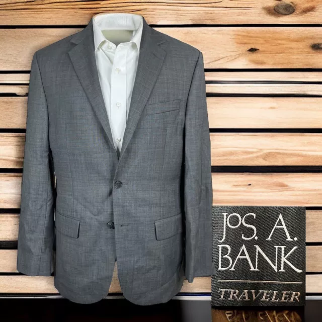 Jos A Bank Traveler Blazer Jacket Mens 40R Solid Gray Slim Fit