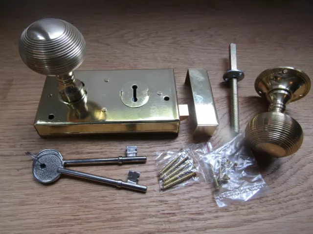 SOLID BRASS Door rim knob & retro 1920s lock vintage victorian cottage handles